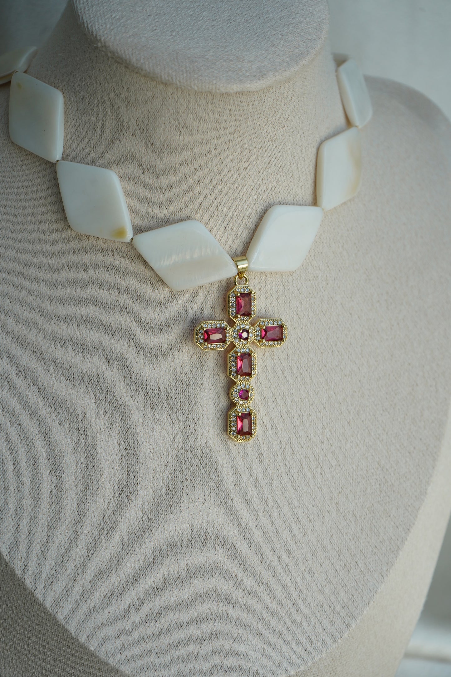 Luxurious Mother-of-Pearl Necklace: Gold Cross Pendant with Ruby Accents - Elegant Handmade Jewelry pearl jam