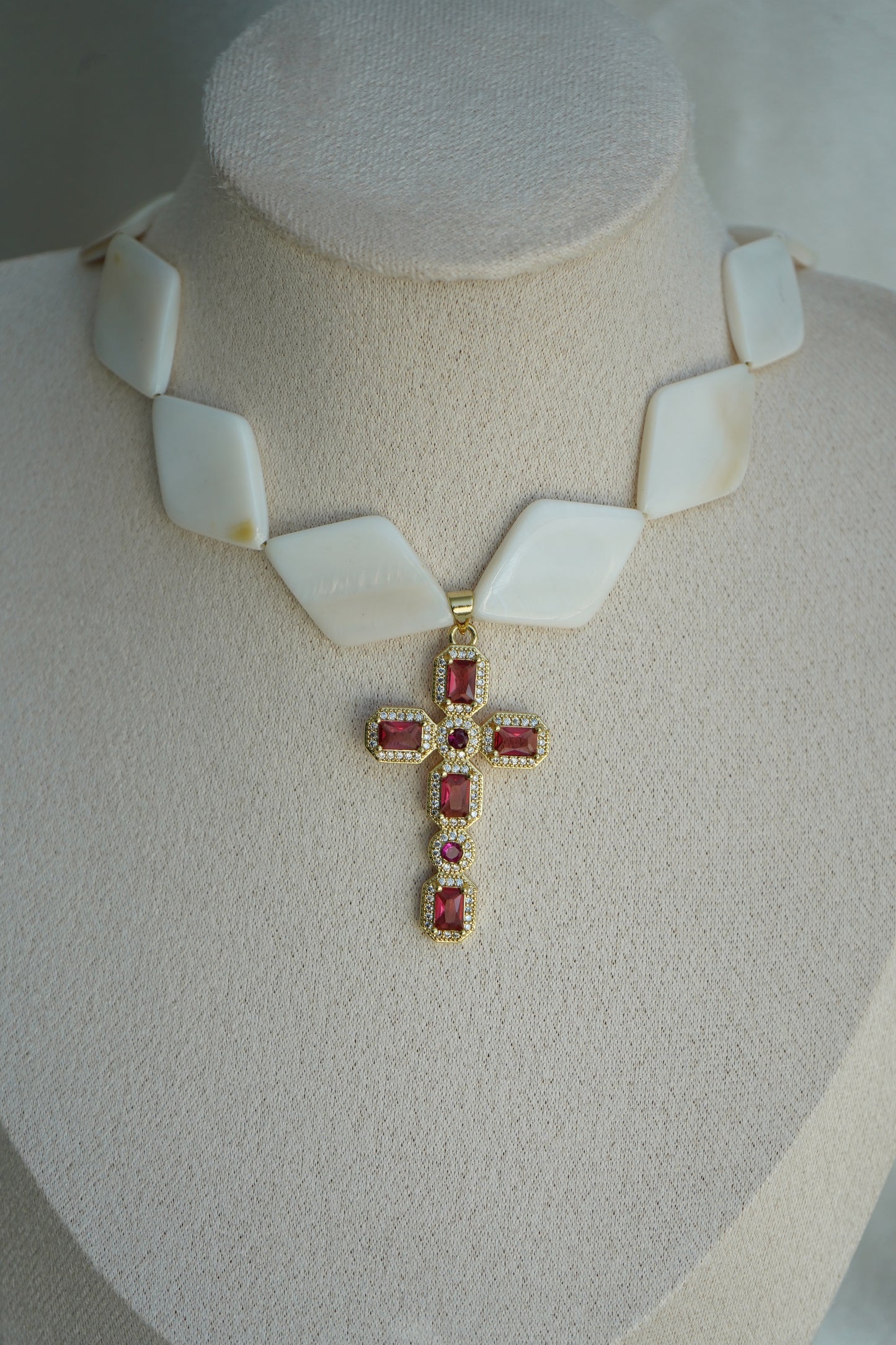 Luxurious Mother-of-Pearl Necklace: Gold Cross Pendant with Ruby Accents - Elegant Handmade Jewelry pearl jam