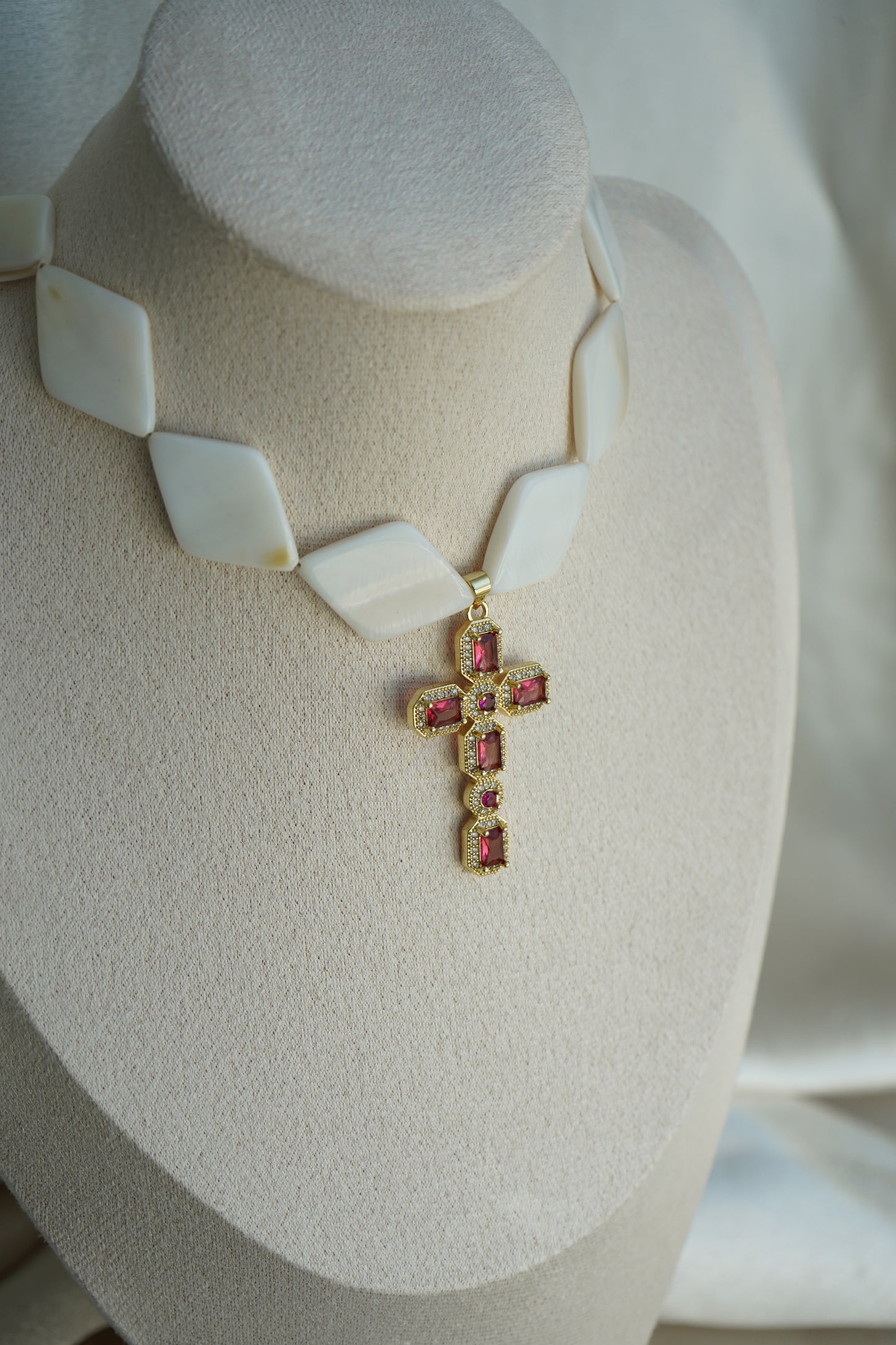 Luxurious Mother-of-Pearl Necklace: Gold Cross Pendant with Ruby Accents - Elegant Handmade Jewelry pearl jam