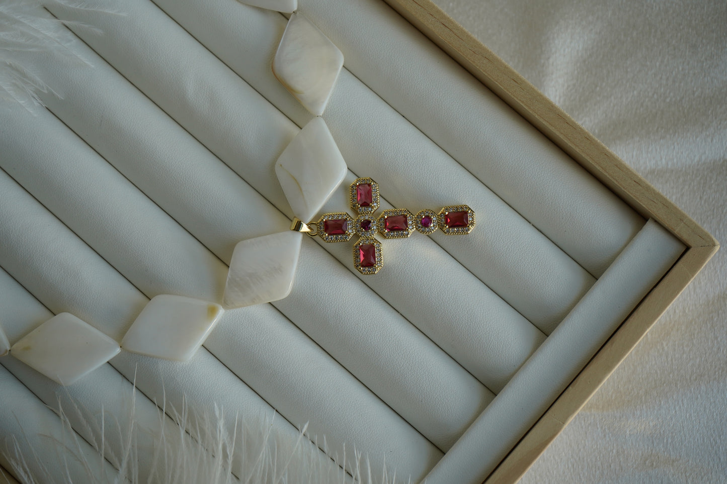 Luxurious Mother-of-Pearl Necklace: Gold Cross Pendant with Ruby Accents - Elegant Handmade Jewelry pearl jam