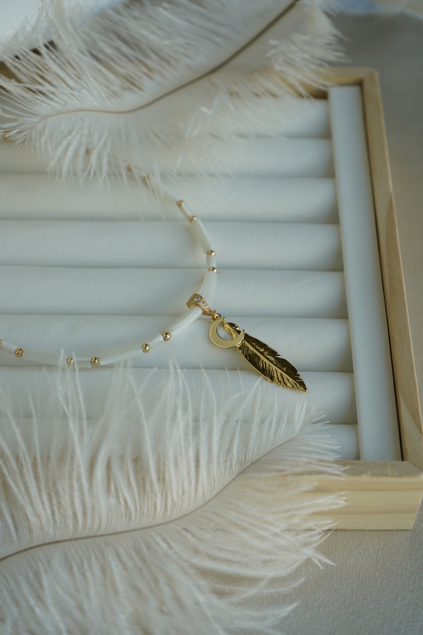 Cosmic Lightness Feather Moon pendant Shell necklace handmade