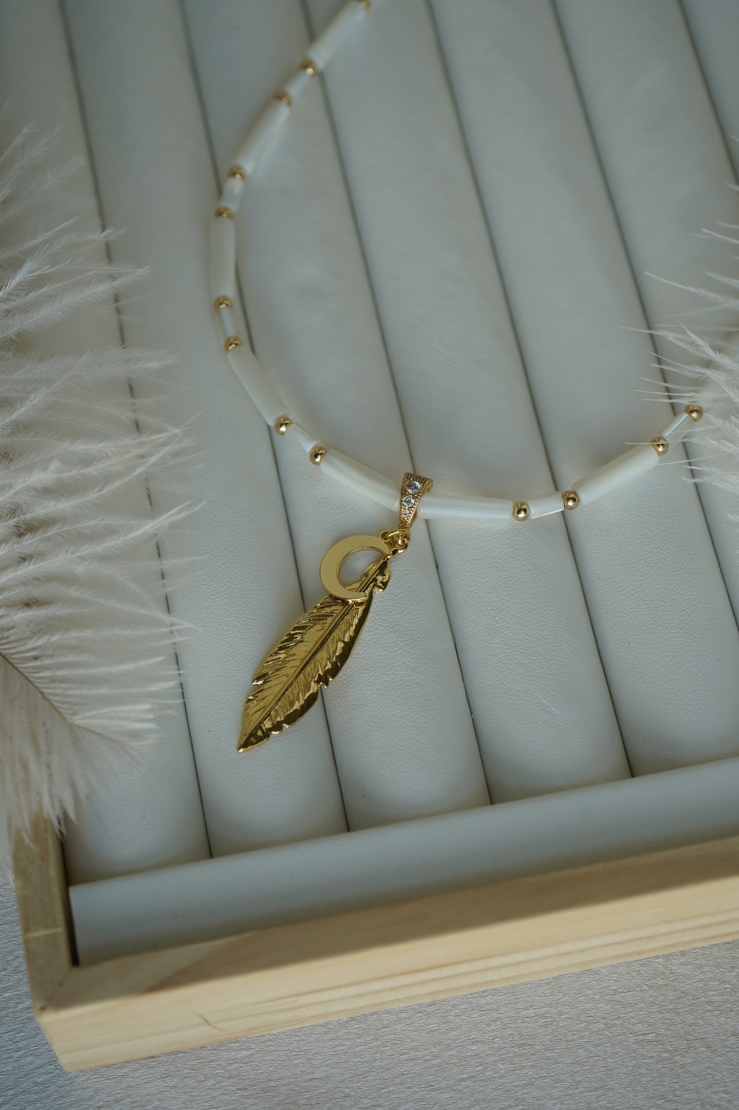 Cosmic Lightness Feather Moon pendant Shell necklace handmade