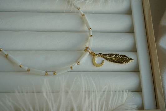 Cosmic Lightness Feather Moon pendant Shell necklace handmade