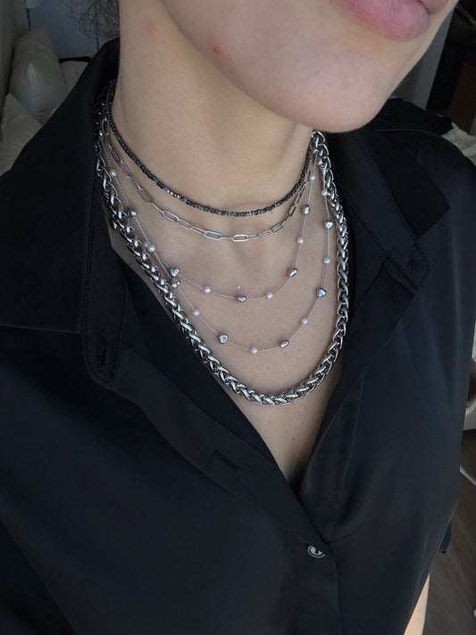 Bold Layered Necklace: Stainless Steel, Hematite Choker, Pearls Chains - Modern Statement Piece