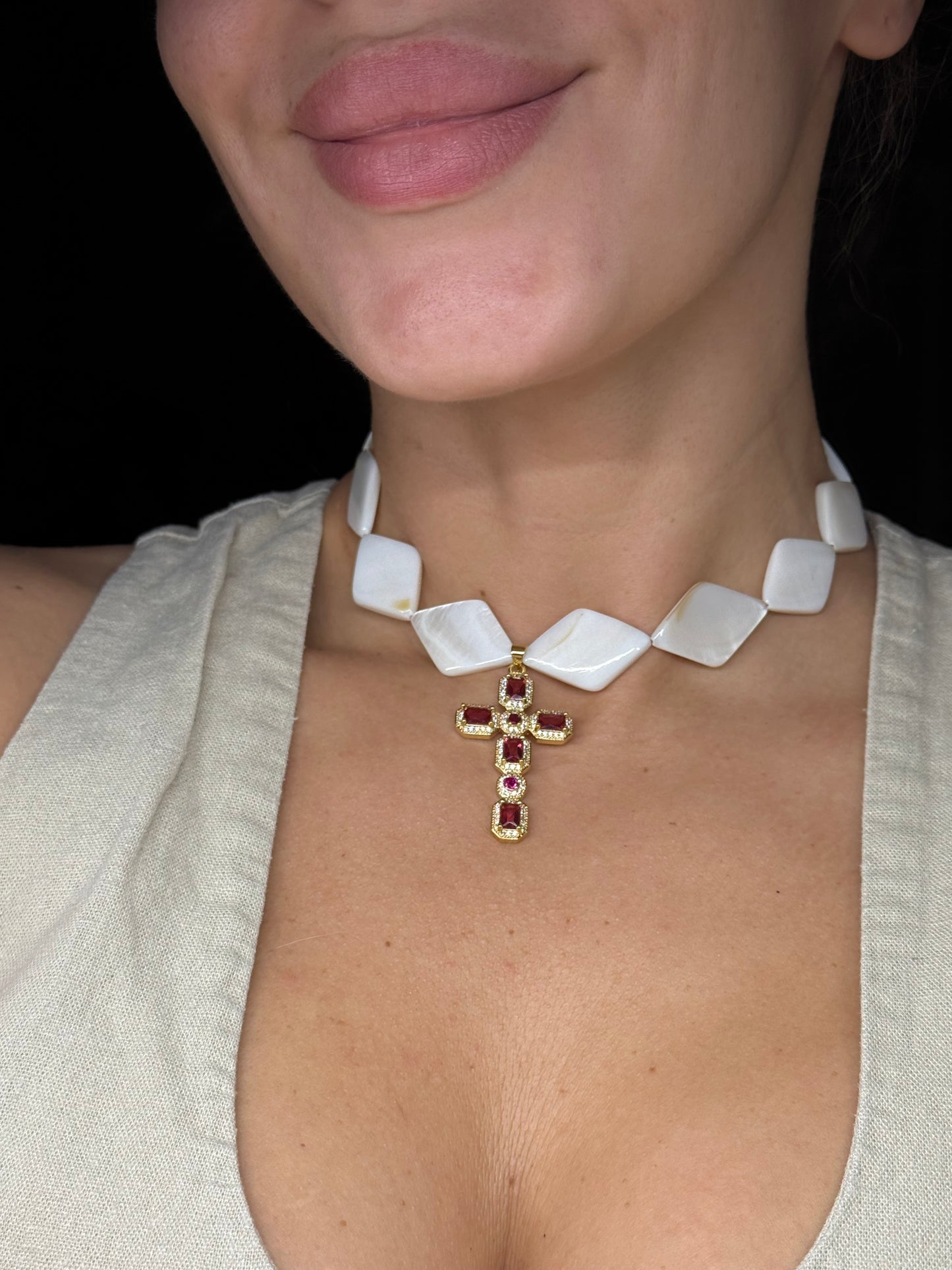 Luxurious Mother-of-Pearl Necklace: Gold Cross Pendant with Ruby Accents - Elegant Handmade Jewelry pearl jam