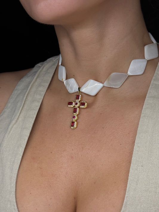 Luxurious Mother-of-Pearl Necklace: Gold Cross Pendant with Ruby Accents - Elegant Handmade Jewelry pearl jam