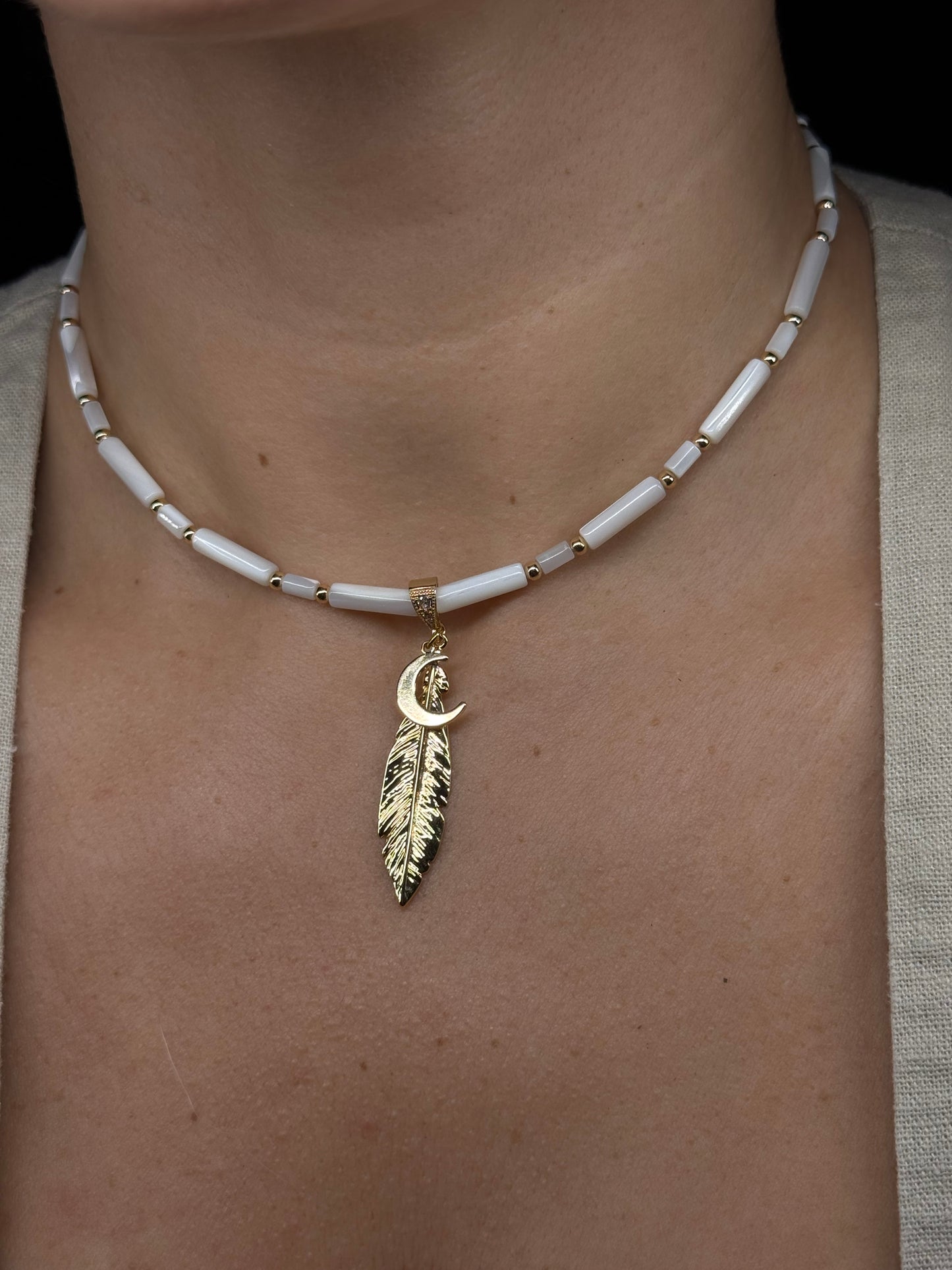 Cosmic Lightness Feather Moon pendant Shell necklace handmade