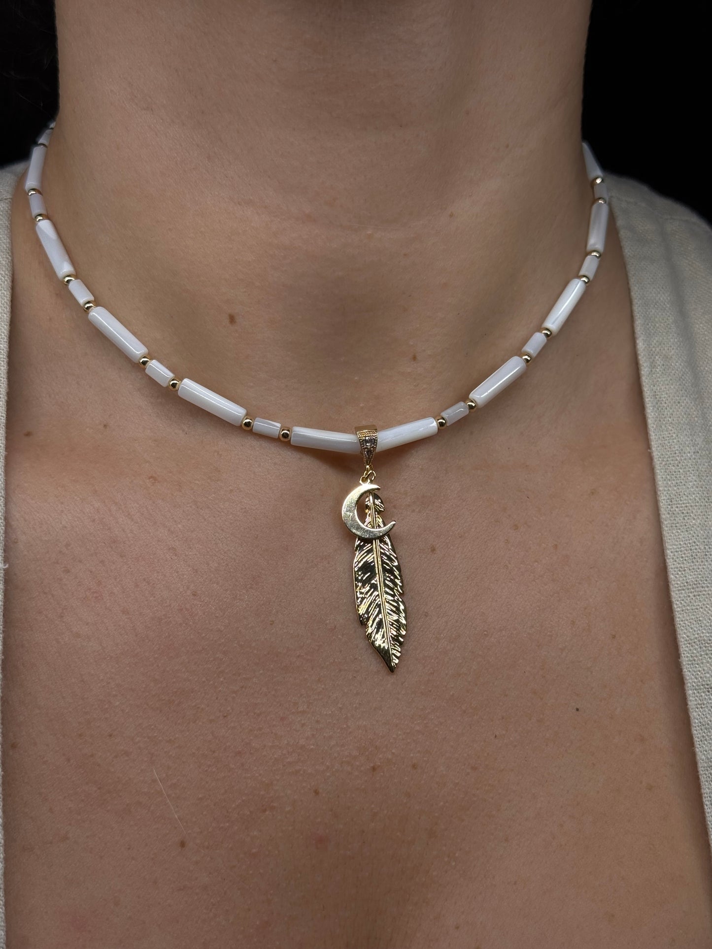 Cosmic Lightness Feather Moon pendant Shell necklace handmade